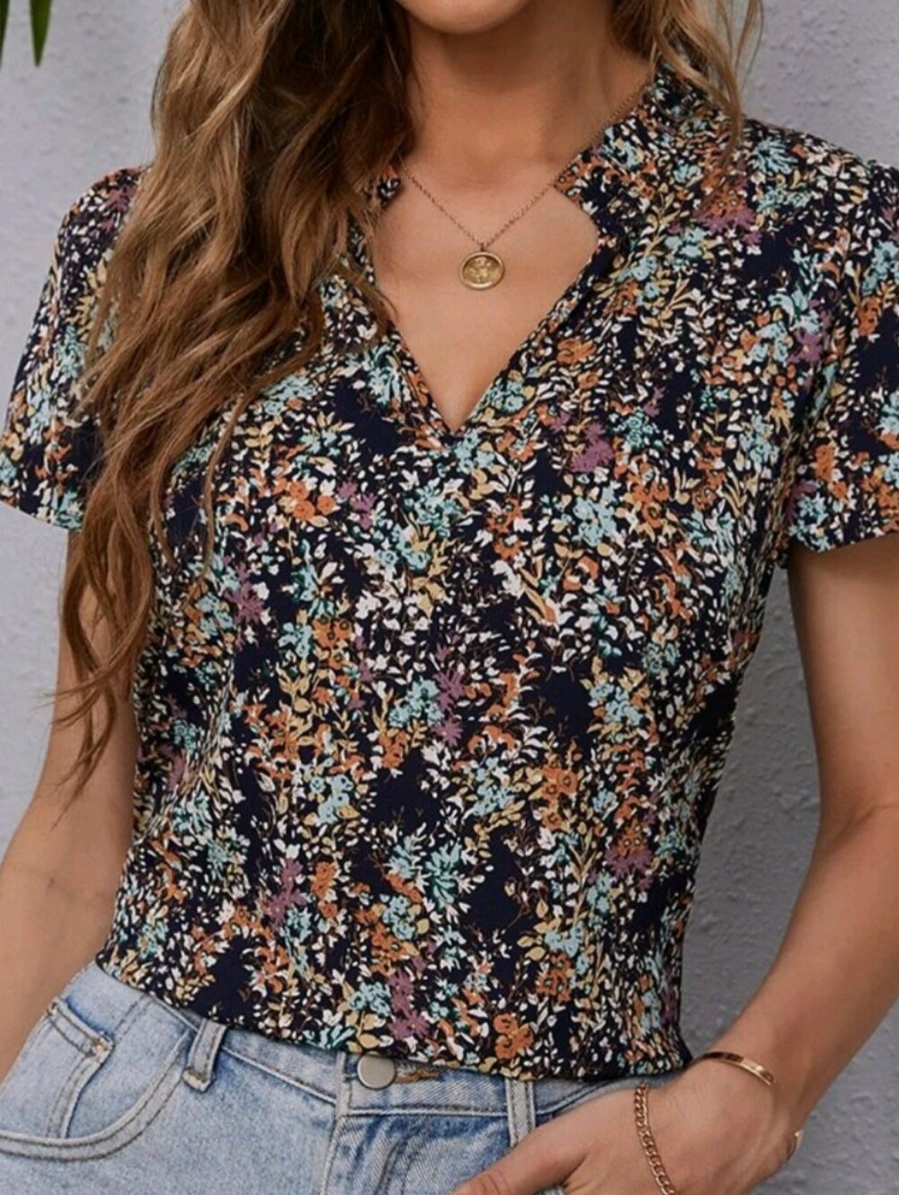 Floral Fitted Notched Collar Blouse Short Sleeve